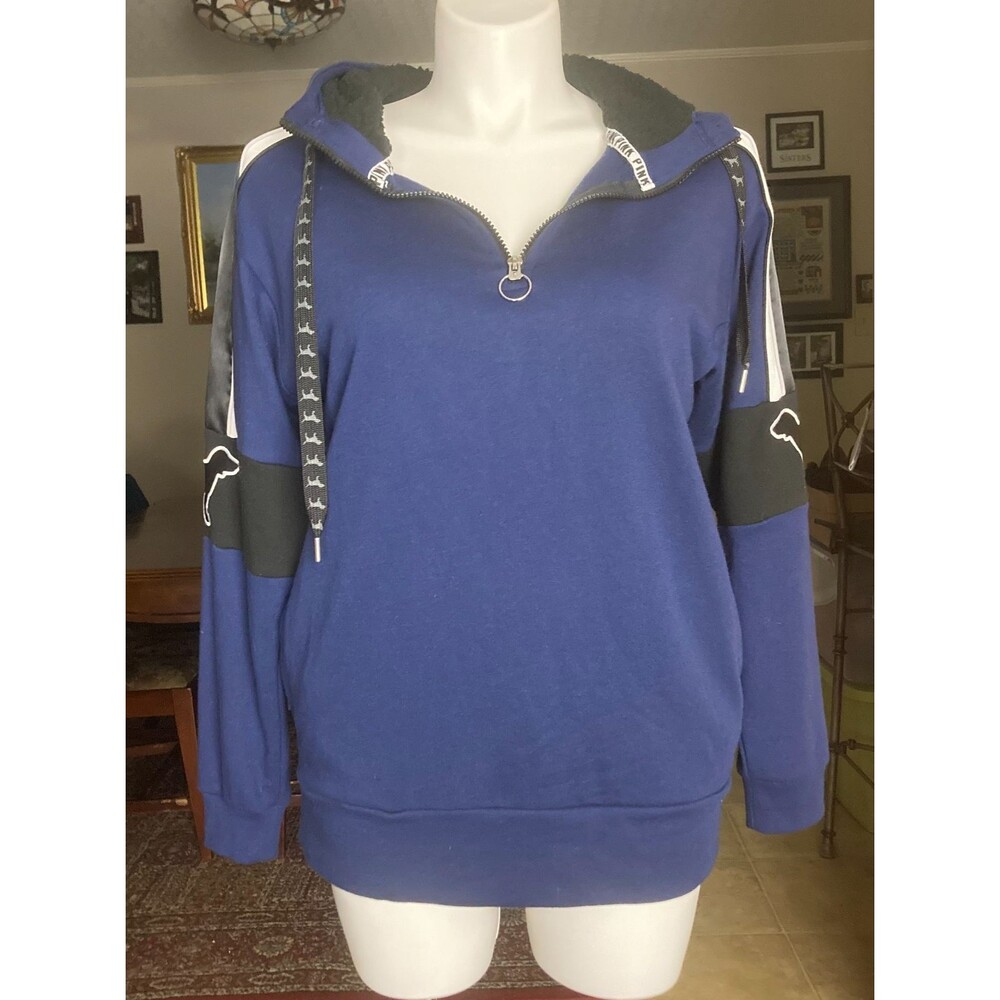 Victoria's Secret PINK Hoodie Big Dog Logo Sherpa M Blue Quarter Zip Varsity Y2K